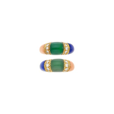 Lot 11 - Van Cleef & Arpels Pair of Gold, Coral, Green Onyx and Diamond 'Philippine' Rings, France