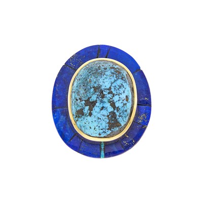 Lot 19 - Charles Loloma Gold, Turquoise and Lapis Ring