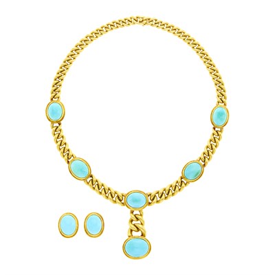 Lot 17 - Gold and Turquoise Necklace and Pair of Earclips