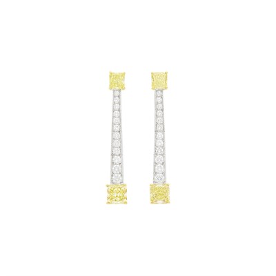 Lot 36 - Ritz Pair of Two-Color Gold, Fancy Intense Yellow Diamond and Diamond Pendant-Earrings
