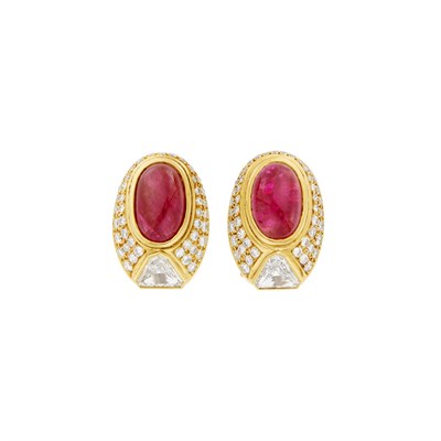 Lot 62 - Mecan Elde Pair of Gold, Cabochon Ruby and Diamond Earclips, France