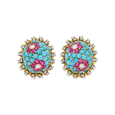 Lot 92 - Pair of Gold, Platinum, Turquoise, Ruby and Diamond Dome Earrings