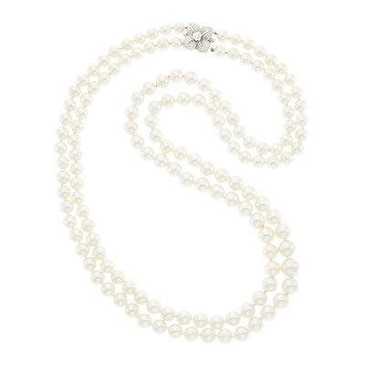 Lot 51 - Long Double Strand South Sea Cultured Pearl Necklace with White Gold and Diamond Clasp/Brooch