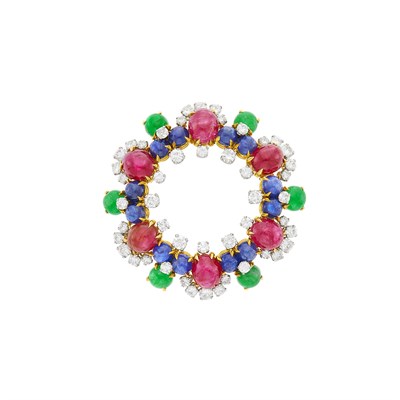 Lot 57 - Bulgari Gold, Platinum, Cabochon Colored Stone and Diamond Circle Brooch