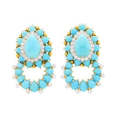 Lot 97 - David Webb Pair of Gold, Platinum, Turquoise and Diamond Hoop Pendant-Earclips