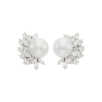 Lot 103 - Pair of Platinum, South Sea Cultured Pearl and Diamond Earclips with Interchangeable Tahitian Gray Cultured Pearls