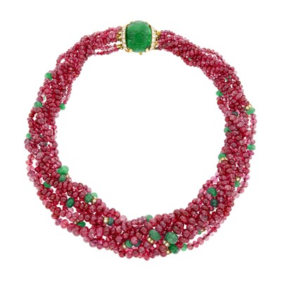Lot 56 - David Webb Multistrand Ruby and Emerald Bead, Gold and Diamond Torsade Necklace with Carved Emerald and Diamond Clasp