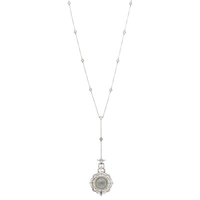 Lot 82 - Belle Époque Platinum, Diamond and Blue Guilloché Enamel Pendant-Watch with Platinum and Diamond Chain
