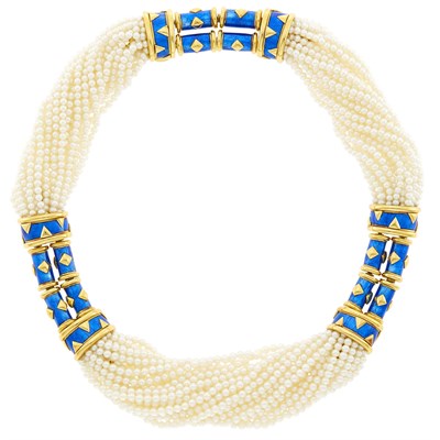 Lot 26 - Tiffany & Co., Schlumberger Multistrand Cultured Pearl, Gold and Blue Paillonné Enamel Torsade Necklace, France