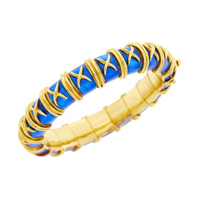 Lot 27 - Tiffany & Co., Schlumberger Gold and Blue Paillonné Enamel 'Croisillon' Bangle Bracelet, France