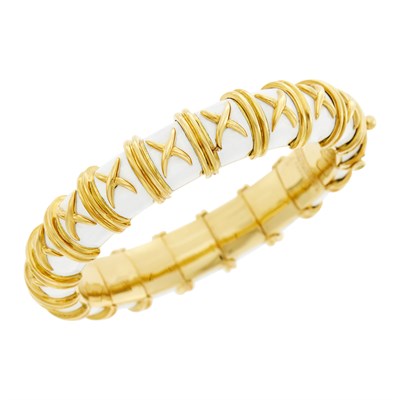 Lot 23 - Tiffany & Co., Schlumberger Gold and White Enamel 'Croisillon' Bangle Bracelet, France