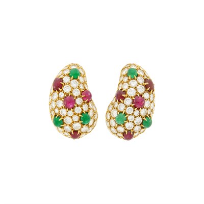 Lot 58 - Van Cleef & Arpels Pair of Gold, Diamond and Cabochon Colored Stone Earclips