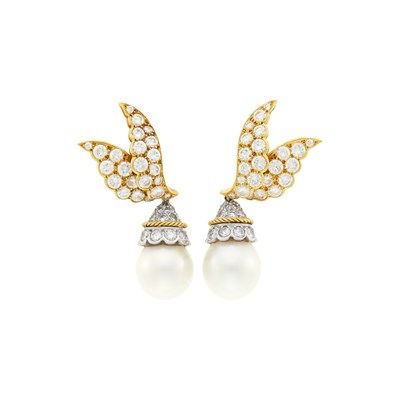 Lot 96 - Van Cleef & Arpels Pair of Gold, Diamond and Cultured Pearl Pendant-Earclips