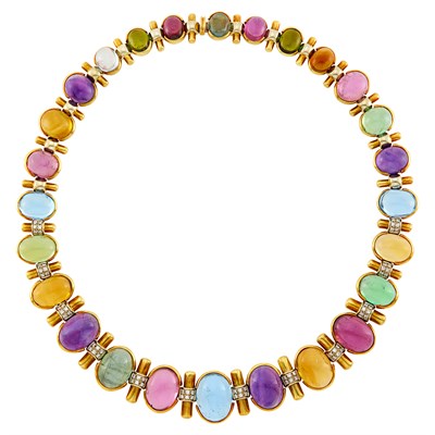 Lot 31 - Two-Color Gold, Cabochon Colored Stone and Diamond Necklace