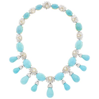 Lot 98 - Julius Cohen Platinum, Gold, Turquoise and Diamond Fringe Necklace