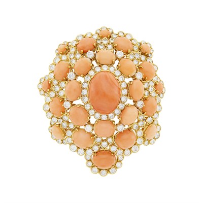 Lot 13 - Gold, Angel Skin Coral and Diamond Clip-Brooch