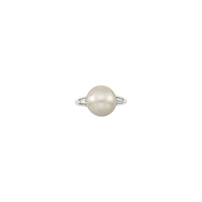 Lot 76 - Platinum, Natural Button Pearl and Diamond Ring