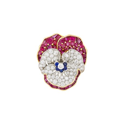 Lot 106 - Oscar Heyman & Brothers Gold, Platinum, Diamond, Ruby and Sapphire Pansy Brooch