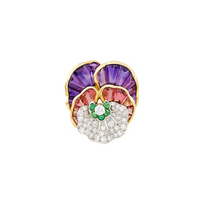 Lot 48 - Oscar Heyman & Brothers Gold, Platinum, Diamond, Amethyst, Pink Tourmaline and Green Garnet Pansy Brooch