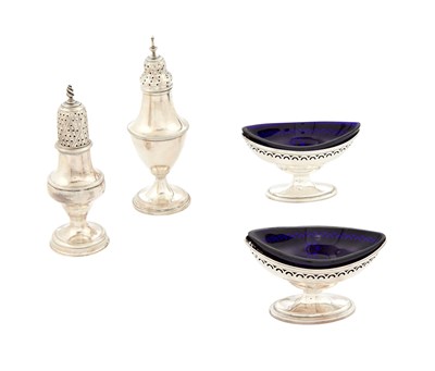 Lot 179 - Assembled Set of George III Sterling Silver Open Salts and Pepper Casters