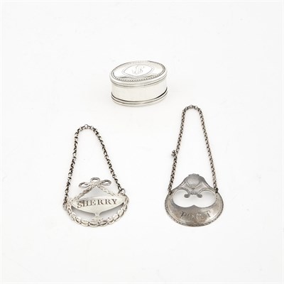 Lot 182 - Two George III Sterling Silver Bottle Tickets and a George III Sterling Silver Nutmeg Grater