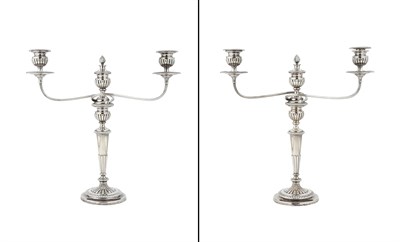 Lot 208 - Pair of Regency Sheffield Plate Three-Light Candleabra