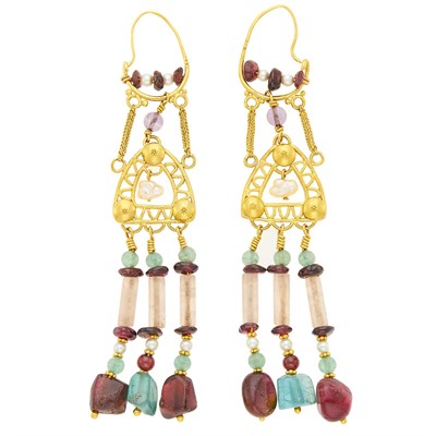 Lot 1066 - Pair of Gold, Colored Stone Bead and Freshwater Pearl Pendant-Earrings