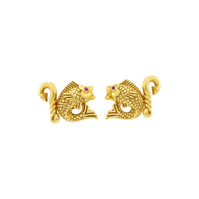 Lot 57 - Tiffany & Co. Pair of Gold and Ruby Fish and Hook Cufflinks