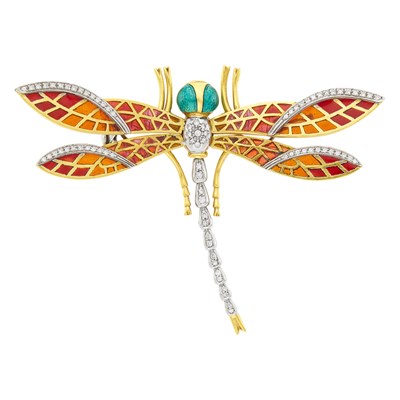 Lot 183 - Two-Color Gold, Plique-à-Jour Enamel and Diamond Dragonfly Clip-Brooch