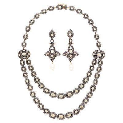 Lot 2161 - Indian Silver-Gilt, Black Enamel, Foil-Backed Diamond, Diamond and Freshwater Pearl Swag Necklace and Pair of Pendant-Earrings