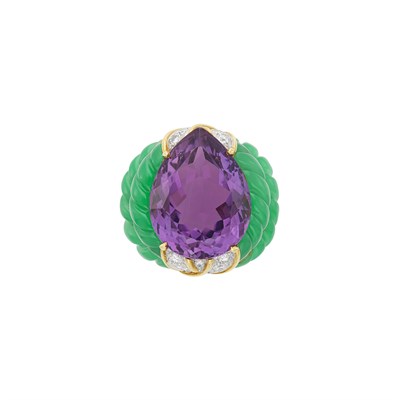Lot 153 - Wander Gold, Amethyst, Carved Green Chrysoprase and Diamond Ring, France