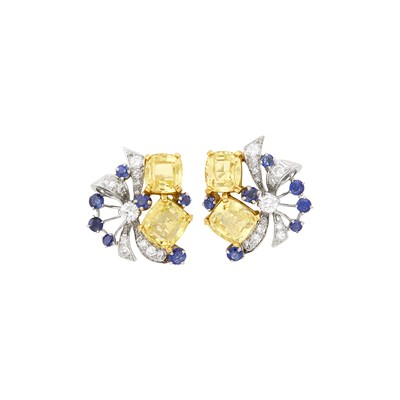 Lot 194 - Raymond Yard Pair of Platinum, Gold, Yellow Sapphire, Sapphire and Diamond Earclips