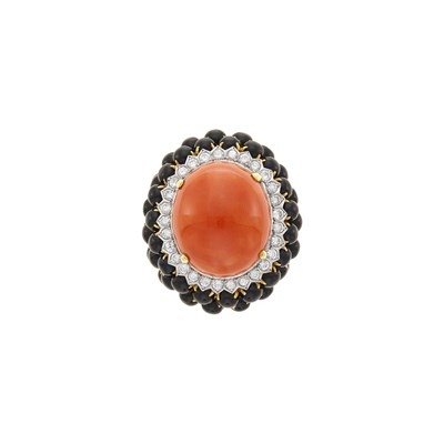 Lot 168 - Two-Color Gold, Coral, Black Onyx and Diamond Ring