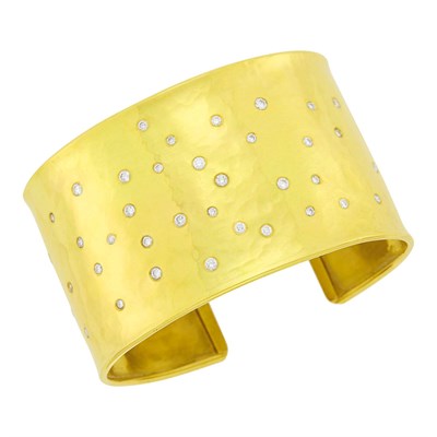 Lot 1044 - Hammered Gold and Diamond Cuff Bangle Bracelet