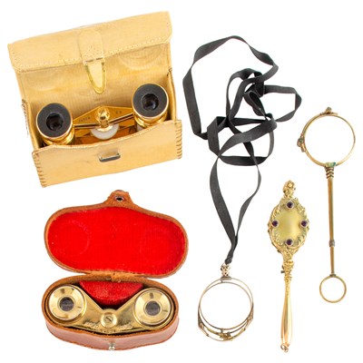 Lot 2183 - Two Opera Glasses and Three Gold-Filled and Metal Lorgnettes