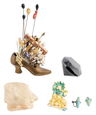 Lot 2184 - Brass Shoe Pin Cushion and Assorted Jewelry