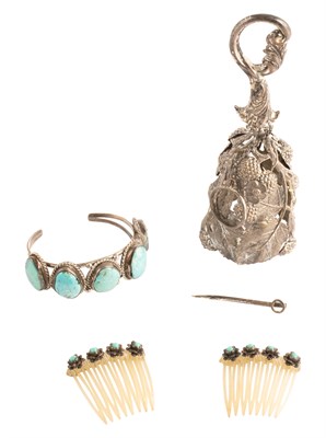 Lot 2186 - Silver and Turquoise Cuff Bracelet, Pair of Hair Combs and Silver-Plated Brass Flower Motif Train Holder