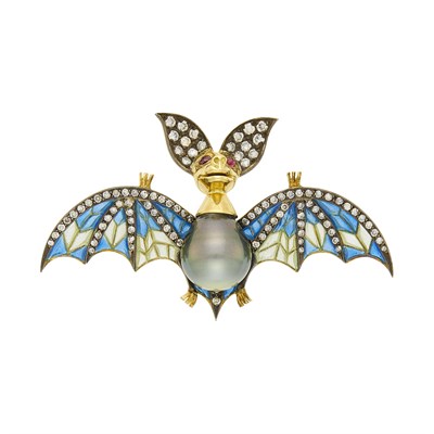 Lot 1083 - Gold, Silver, Plique-à-Jour Enamel, Tahitian Black Cultured Pearl, Ruby and Colored Diamond Bat Brooch