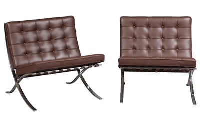 Lot 344 - Pair of Ludwig Mies van der Rohe for Knoll Studio Chromed Metal and Leather Upholstered Barcelona Chairs