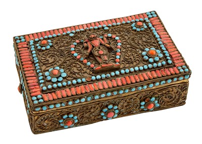 Lot 19 - A Tibetan or Nepalese Hardstone-Inset Box