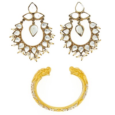 Lot 2159 - Gold-Plated Silver Dragon Bangle Bracelet and Pair of Foil-Backed Stone Costume Pendant-Earclips