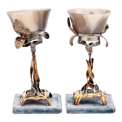 Lot 162 - Pair Continental Sterling Silver and Agate Goblets