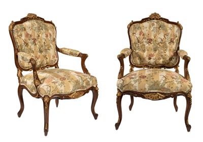 Lot 182 - Pair of Louis XV Style Parcel-Gilt Walnut Fauteuils