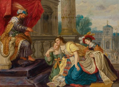 Lot 1028 - Circle of Pieter Lastman Queen Esther before...