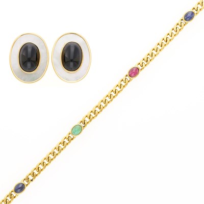 Lot 2018 - Pair of Gold, Black Onyx and Mother-of-Pearl Earrings and Cabochon Colored Stone Bracelet
