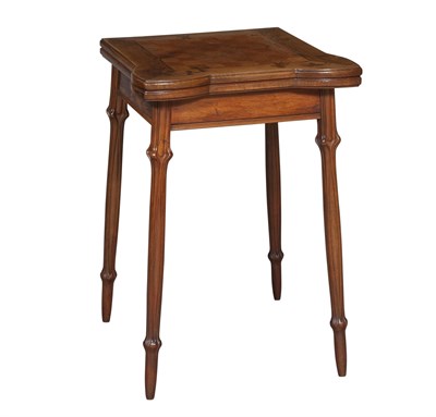 Lot 289 - French Art Nouveau Marquetry and Parquetry Inlaid Mahogany, Maple and Fruitwood Clover Decorated Fold-Over Games Table