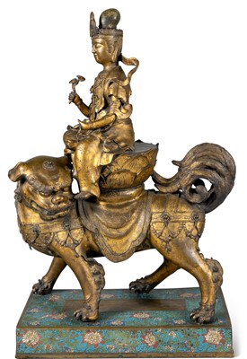Lot 131 - Large Chinese Gilt Bronze and Champleve Enamel Figure of a Guanyin on A Lion