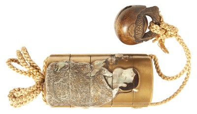 Lot 259 - A Japanese Lacquer Inro with Shell Inlay and Bamboo Netsuke