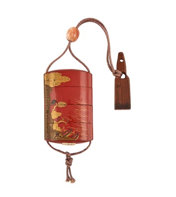 Lot 252 - A Japanese Red Lacquer Inro with Wood Netsuke