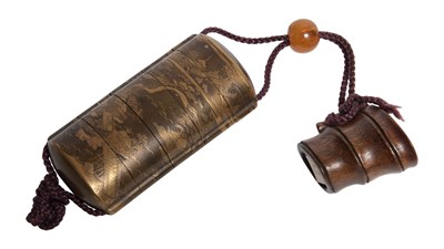 Lot 206 - A Japanese Gold Lacquer Inro with Bamboo Netsuke